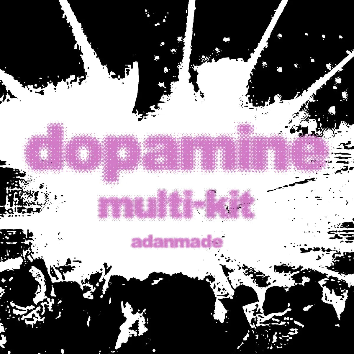 Dopamine Drumkit cover: pink dopamine lettering over a black and white splatter of a crowd