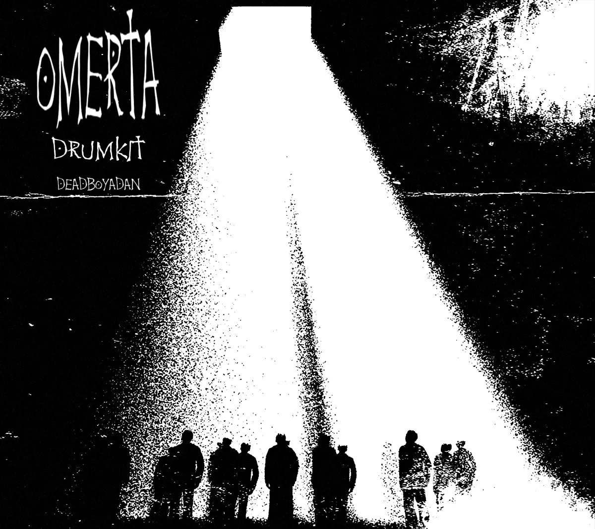 Omerta Drumkit cover: a beam of white light falling on a row of silhouettes