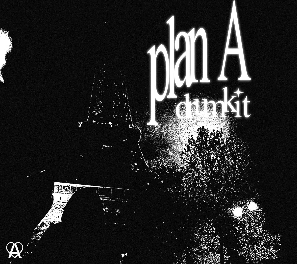Plan A Drumkit cover: a black and white night photo of the Eiffel Tower